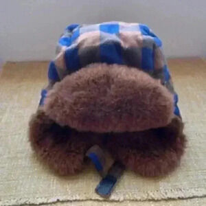 Gymboree Trapper hat w/ ear flaps ‎ Brown And Blue Plaid Fur Lined Hat Cap